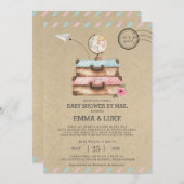 ヴィンテージ郵便スーツケースによる長距離ベビーシャワー 招待状 (正面/裏面)