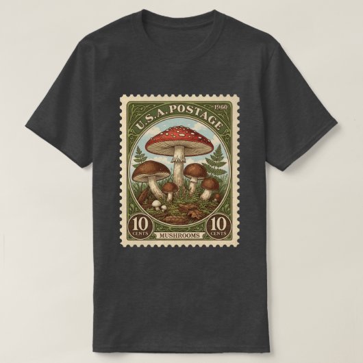 ヴィンテージ郵便切手のキノコ Tシャツ (デザイン正面)