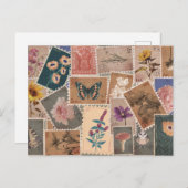 ヴィンテージ郵便花と自然のスタンプコラージュ ポストカード (正面/裏面)