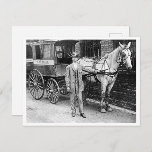 ヴィンテージ郵便車付き乗馬・乳母車郵便車付き郵便局員 ポストカード (正面/裏面)