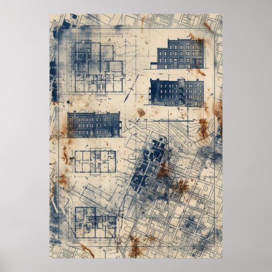 ヴィンテージ都市建築設計図アートプリント ポスター (正面)