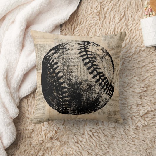 ヴィンテージ野球アートイラストレーション新聞スタイル クッション (ブランケット)