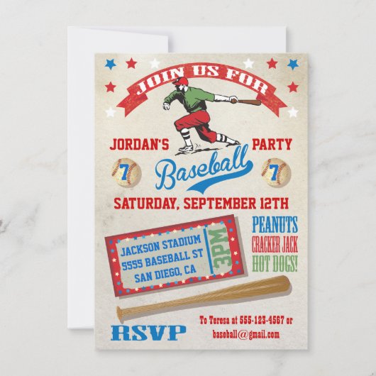 ヴィンテージ野球バースデーパーティ招待状 招待状 (正面)