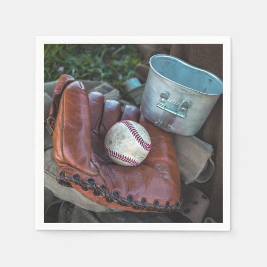 ヴィンテージ野球ミット及びボール野球グラブママー スタンダードカクテルナプキン (正面)