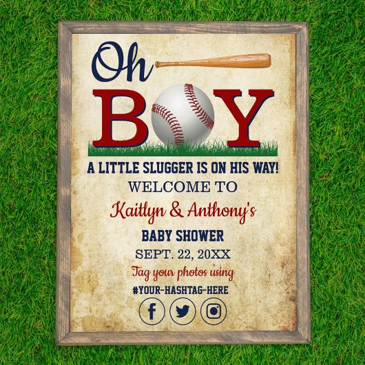 ヴィンテージ野球少年の赤ちゃんシャワー歓迎サイン ポスター