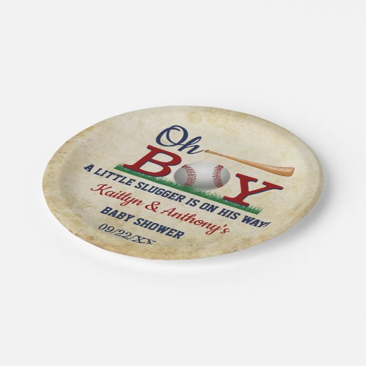 ヴィンテージ野球少年の赤ちゃんシャワー ペーパープレート (アングル)