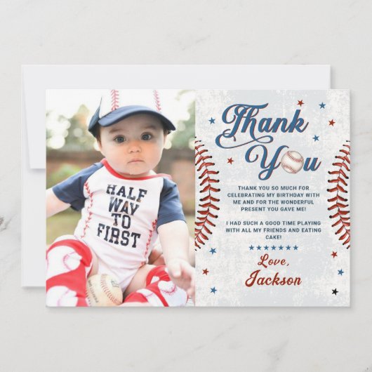 ヴィンテージ野球少年誕生日写真サンキューカード 招待状 (正面)