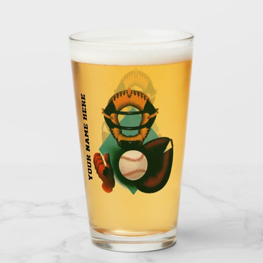 ヴィンテージ野球選手、ミット付き捕手 タンブラーグラス (ドリンク正面)