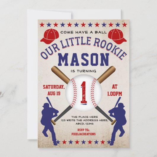 ヴィンテージ野球、スポーツ、少年1歳の誕生日 招待状 (正面)