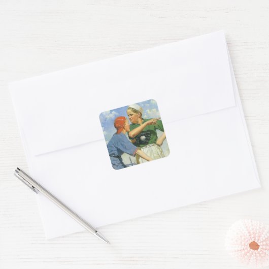 ヴィンテージ野球、子ども、男遊の子のスポーツ スクエアシール (封筒)