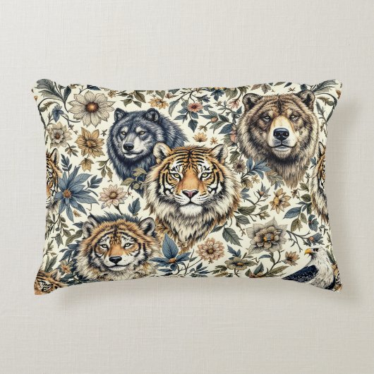 ヴィンテージ野生動植物の紋様白 アクセントクッション (正面)