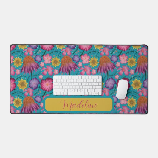 ヴィンテージ野花ターコイズ花柄 デスクマット (キーボード&マウス)
