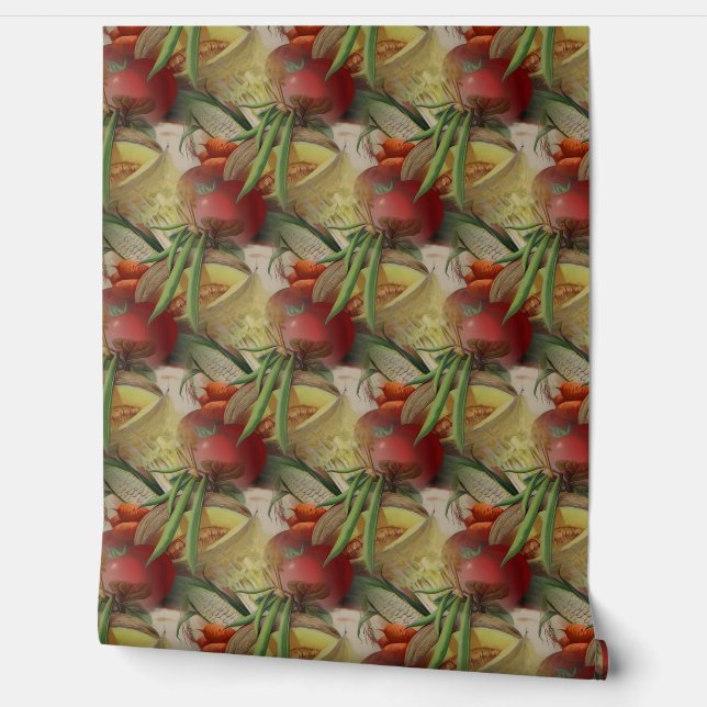 ヴィンテージ野菜キッチンパターン 壁紙 (ほどく)