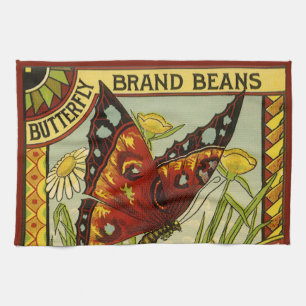 ヴィンテージ野菜ラベルアート、Butterfly Brand Beans キッチンタオル
