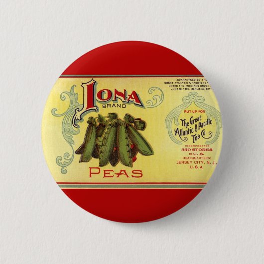 ヴィンテージ野菜缶ラベルアート、イオナブランドのエンドウ豆 缶バッジ (正面)