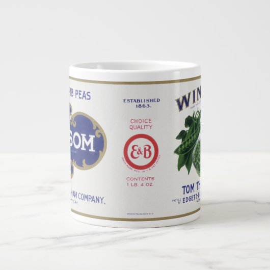 ヴィンテージ野菜缶ラベル芸術、ウインソムエンドウ ジャンボコーヒーマグカップ (正面)