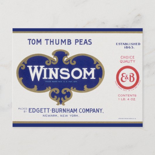 ヴィンテージ野菜缶ラベル芸術、ウインソムエンドウ ポストカード (正面)