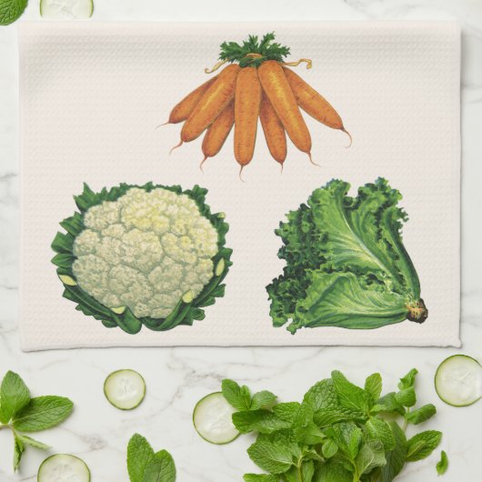 ヴィンテージ野菜; キノコ、カリフラワー、レタス キッチンタオル (折り畳み)