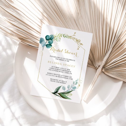 ヴィンテージ金ゴールドおよびグリーンユーカリブライダルシャワー 招待状