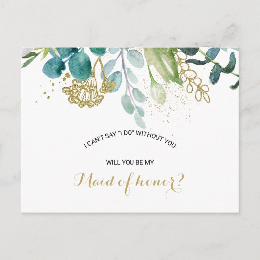 ヴィンテージ金ゴールドおよびグリーンユーカリメイド・オブ・オーナー(花嫁付き添い人) インビテーションポストカード (正面)