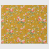 ヴィンテージ金ゴールドおよびピンクフローラ包装紙 ラッピングペーパー (フラット)