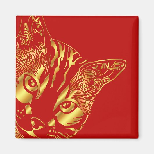 ヴィンテージ金ゴールドかわいい顔猫 マグネット (正面)