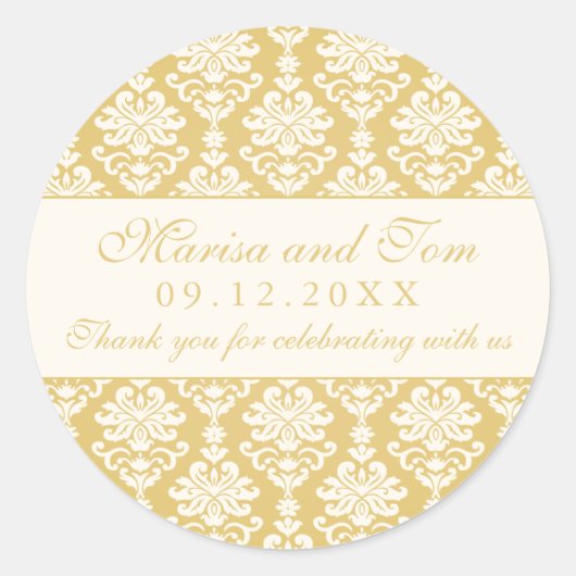 ヴィンテージ金ゴールドとアイボリーダマスクウェディングモノグラム ラウンドシール (正面)