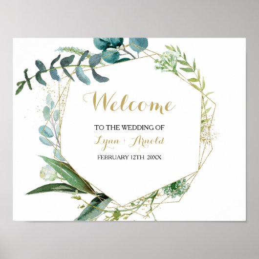 ヴィンテージ金ゴールドとグリーンユーカリプタスウェルカム結婚ズ ポスター (正面)