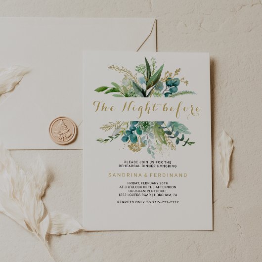 ヴィンテージ金ゴールドとグリーンユーカリ前夜 招待状
