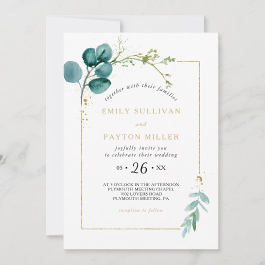 ヴィンテージ金ゴールドとグリーンユーカリ結婚プス 招待状 (正面)