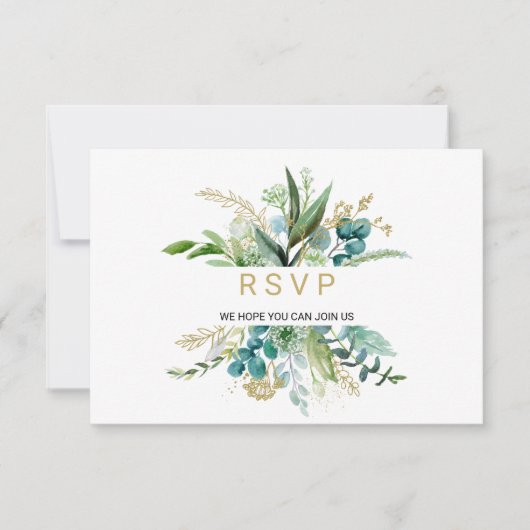 ヴィンテージ金ゴールドとグリーンユーカリ結婚式Rsvp 出欠カード (正面)
