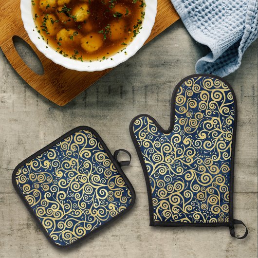 ヴィンテージ金ゴールドとネイビーブルーラグジュアリー抽象芸術 鍋つかみ&鍋敷きセット