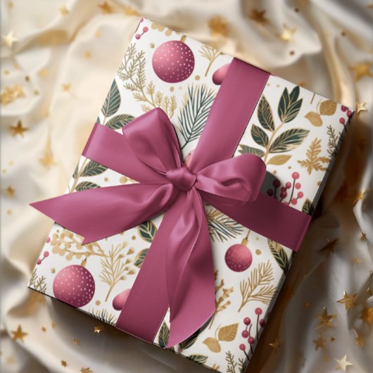 ヴィンテージ金ゴールドとピンク | オーナメント植物模様 ラッピングペーパー