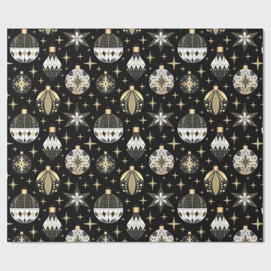 ヴィンテージ金ゴールドとブラッククリスマスオーナメント ラッピングペーパー (フラット)