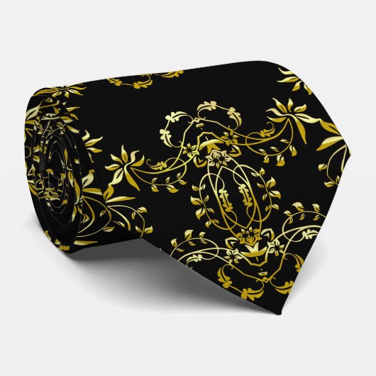 ヴィンテージ金ゴールドとブラックダマスクオーナメントパターン ネクタイ (ロール)