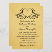 ヴィンテージ金ゴールドとブラックハート結婚式招待状 招待状 (正面/裏面)