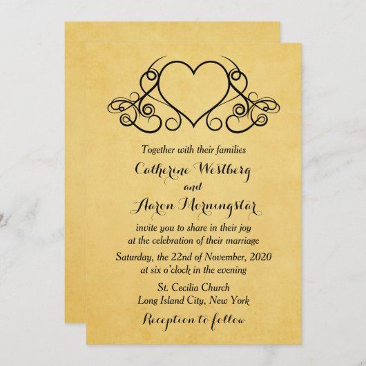 ヴィンテージ金ゴールドとブラックハート結婚式招待状 招待状 (正面/裏面)
