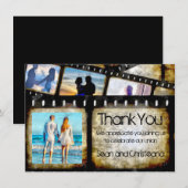 ヴィンテージ金ゴールドとブラックフィルムストリップの水色 サンキューカード (正面/裏面)