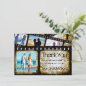 ヴィンテージ金ゴールドとブラックフィルムストリップの水色 サンキューカード (スタンド正面)