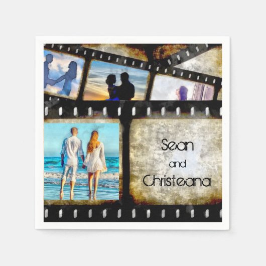 ヴィンテージ金ゴールドとブラックフィルムストリップの水色 スタンダードカクテルナプキン (正面)