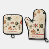 ヴィンテージ金ゴールドと赤い雪パーソナライズされた片 鍋つかみ&鍋敷きセット (正面)