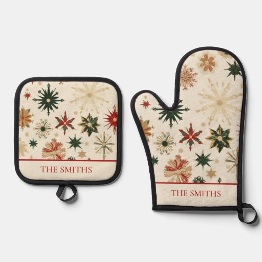 ヴィンテージ金ゴールドと赤い雪パーソナライズされた片 鍋つかみ&鍋敷きセット (正面)
