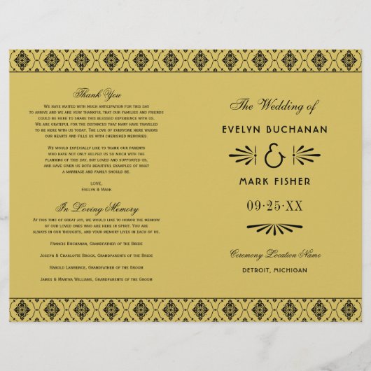 ヴィンテージ金ゴールドと黒アールデコ結婚式 プログラム (正面)