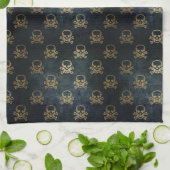 ヴィンテージ金ゴールドと黒海賊スカルと骨 キッチンタオル (折り畳み)