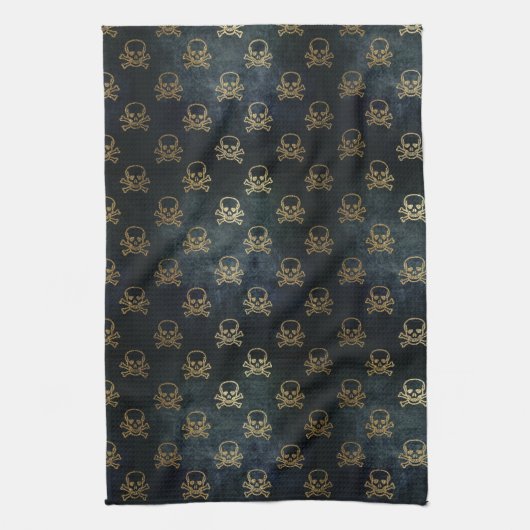 ヴィンテージ金ゴールドと黒海賊スカルと骨 キッチンタオル (縦)