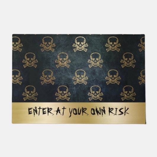 ヴィンテージ金ゴールドと黒海賊スカルと骨 ドアマット (正面)