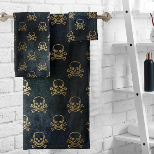 ヴィンテージ金ゴールドと黒海賊スカルと骨 バスタオルセット