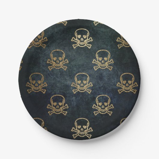 ヴィンテージ金ゴールドと黒海賊スカルと骨 ペーパープレート (正面)