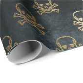 ヴィンテージ金ゴールドと黒海賊スカルと骨 ラッピングペーパー (ロールコーナー)