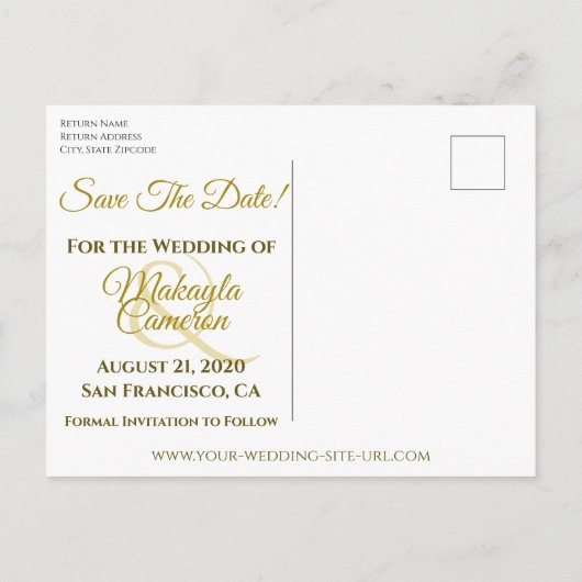 ヴィンテージ金ゴールドの花嫁結婚式の日付写真を保存 案内ポストカード (裏面)